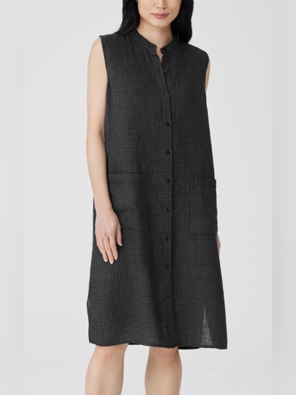 Eileen Fisher Sleeveless Puckered Dress Organic Linen Gray Black S